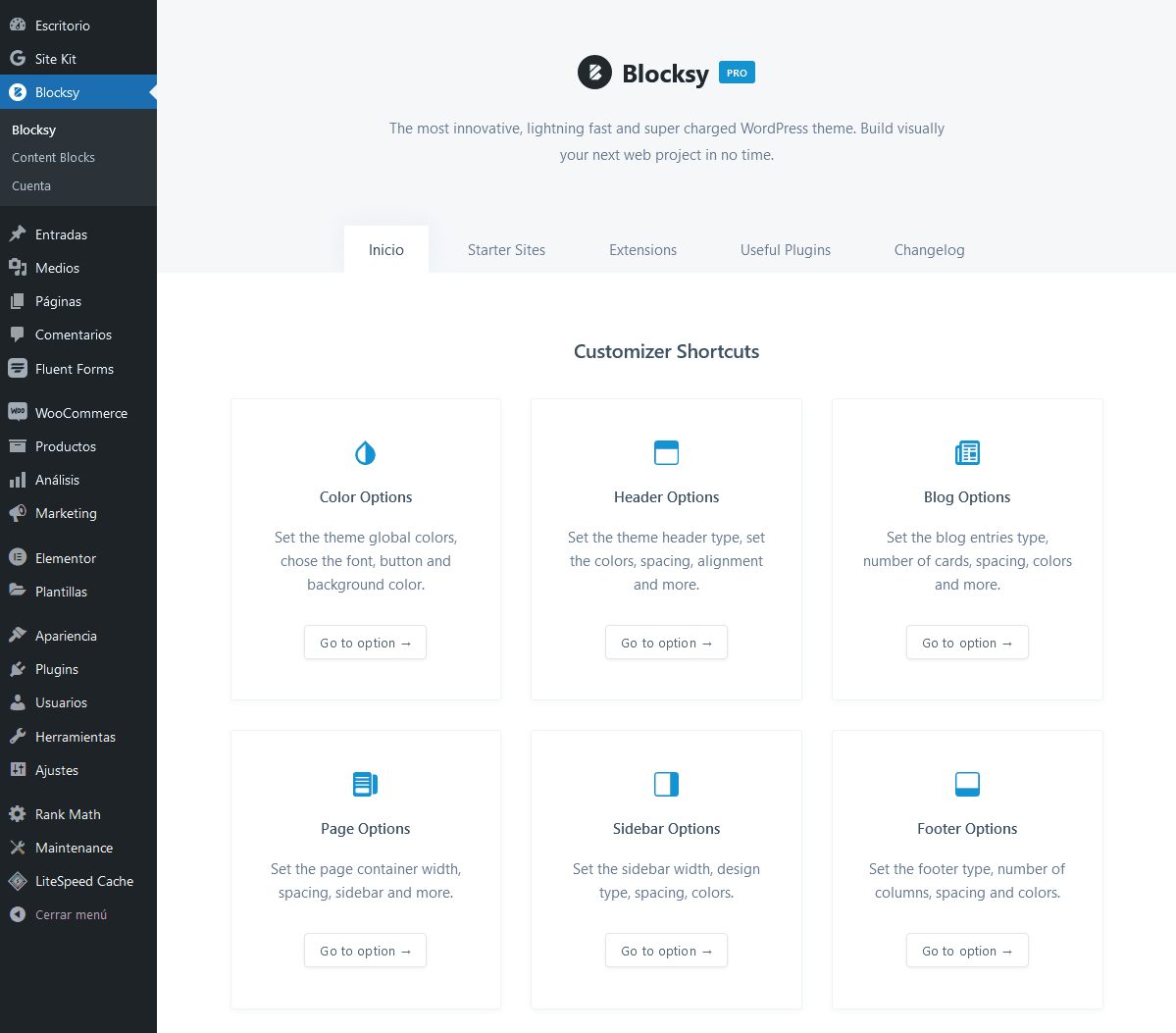 menu de atajos de tema Blocksy